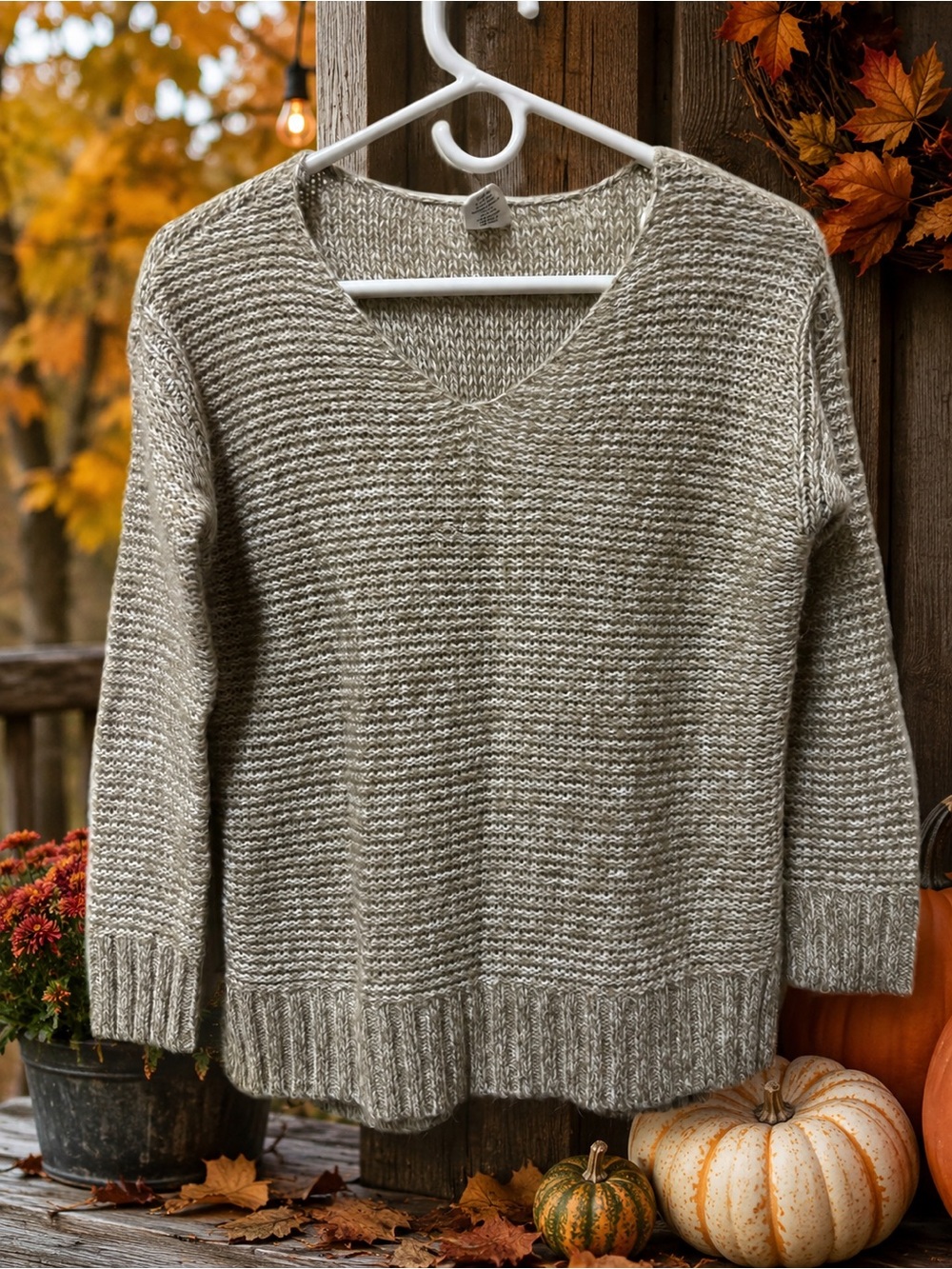 Cozy V-Neck Knit Sweater in Heathered Taupe